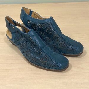 PIKOLINOS Romana Teal Leather Slingback with Floral Cutouts